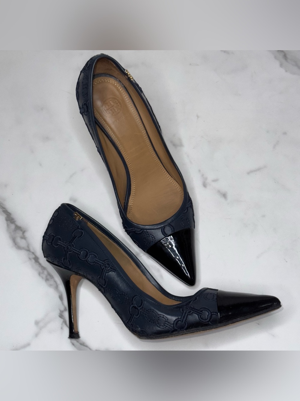 TORY BURCH Penelope 85mm Embroidered Pump Ink Navy/Perfect Black Size 8.5